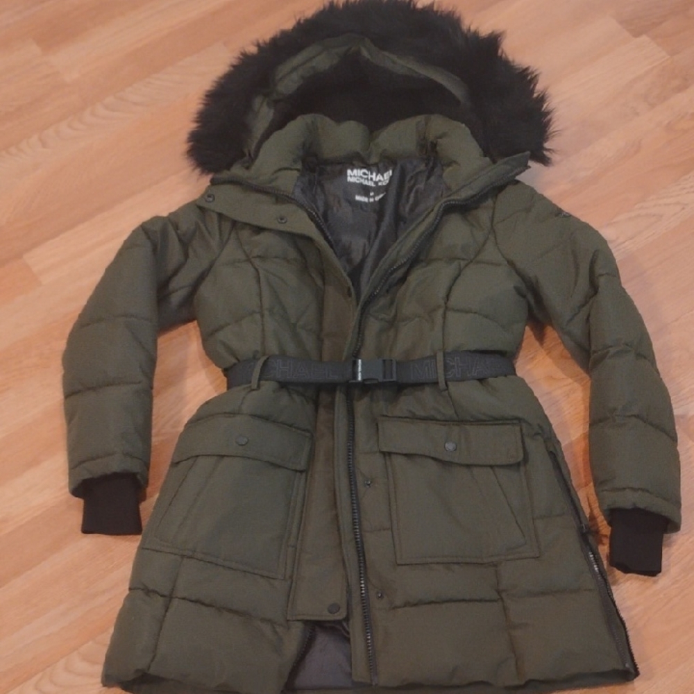 Michael Kors Dark Green Puffer Jacket with Fur Hood Medium